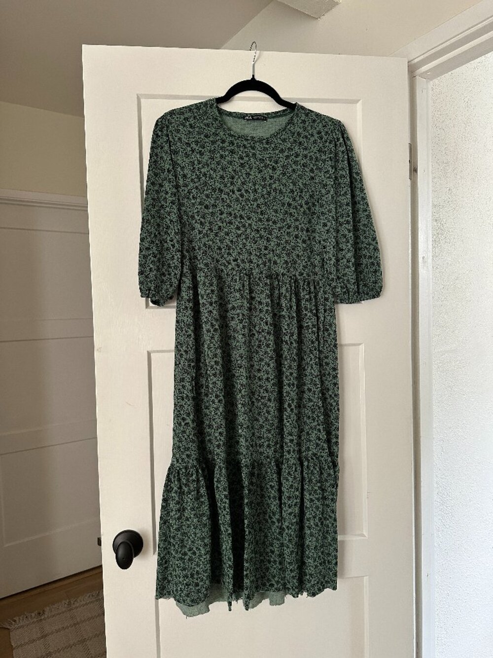 ZARA Green and Black Floral Tiered Maxi Dress Size S